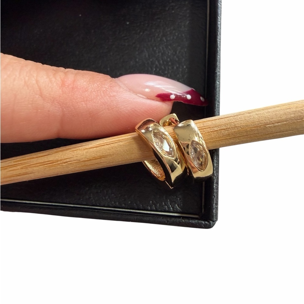 14K Gold Plated Hoop Huggie Earrings with Marquise Accent - Women Jewelry - Picture 3 of 4